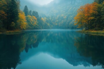 aerial view capturing the tranquil beauty of a lake surrounded by dense forest showcasing stunning reflections of the trees on the waters surface evoking a sense of peace and wilderness