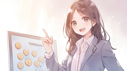 お金のことについて解説するファイナンシャルプランナーの女の子。アニメ風イラスト