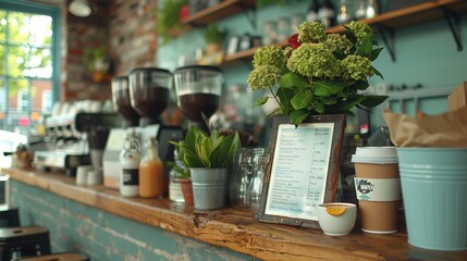 Cozy and inviting coffee shop interior featuring a rustic wooden counter adorned with fresh flowers, coffee cups, and other delightful decor elements