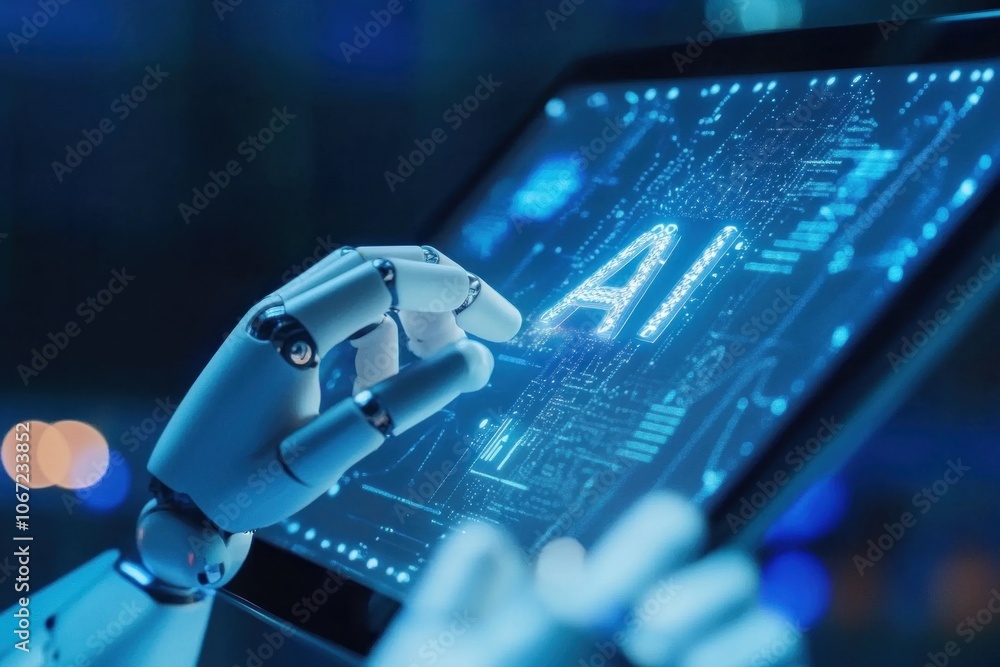 Aufkleber futuristic technology: robotic hand interacting with artificial intelligence interface