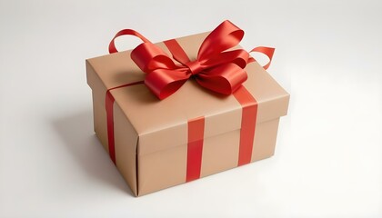 Obraz premium A brown gift box wrapped in kraft paper with a large red ribbon and bow, accompanied by a handwritten gift tag, on a plain white background, suggesting a personal touch.