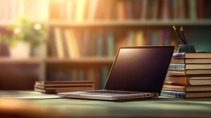 Laptop and books on table in library, online learning concept
