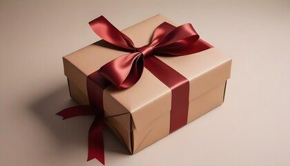 Obraz premium A brown gift box wrapped in kraft paper with a large red ribbon and bow, accompanied by a handwritten gift tag, on a plain white background, suggesting a personal touch.