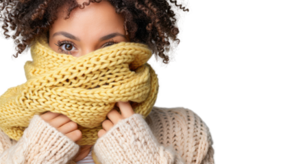 Woman in cozy sweater with yellow scarf covering her face.