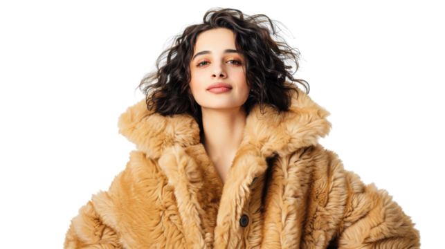 Woman in a stylish fur coat, on a white isolated background
