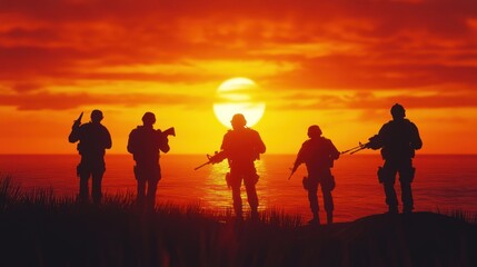 Fototapeta premium Military Sunset Scene - Navy SEALs silhouetted against a vibrant sunset, with deep shadows and the orange sea behind them.