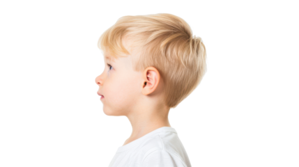 Young boy in profile view, isolated on white background.