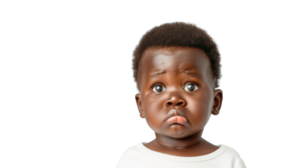Young child with a worried expression, white isolate background.