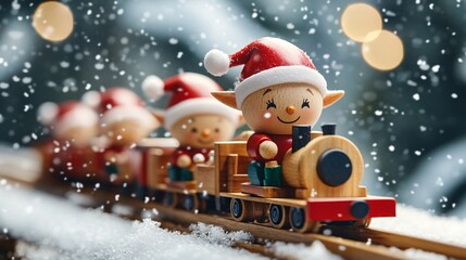 A festive scene featuring charming elf figurines on a wooden train, set against a snowy background with softly falling snowflakes.