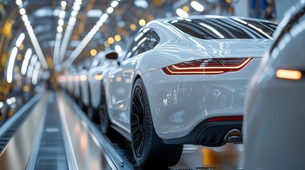 A sleek white sports car is seen in a factory, part of a production line, showcasing modern manufacturing and automotive design.