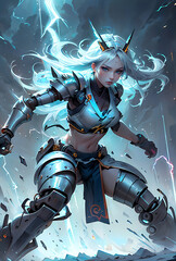 Epic Female Cyborg Mech Fighter with Lightning Magic in Action