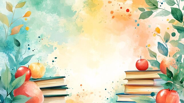An artistic watercolor scene showcasing stacked books surrounded by colorful apples and lush foliage against a soft, blended background.