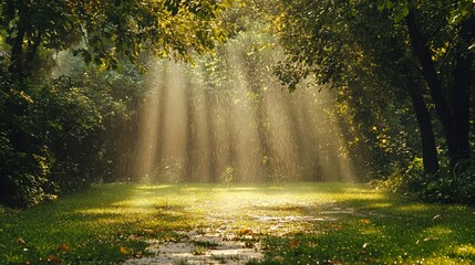 Obraz premium A serene forest scene with sunlight streaming through trees, illuminating a tranquil clearing.