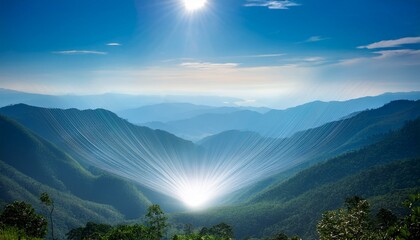 Waves of light in the mountain valley stretch into the sky