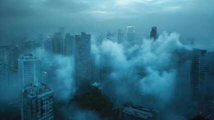 Skyscraper city in thick fog over head view. Arial. Buildings clouds and dreary.