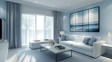 Modern Living Room Interior with Blue Accents and White Sofa