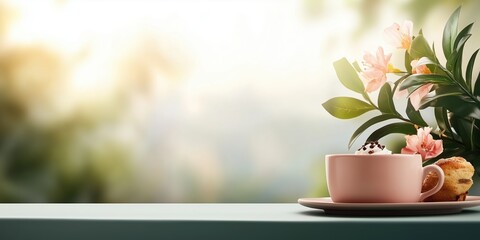 Pink cup with cream and pastry near peach flowers with copy space. Valentine's Day breakfast concept