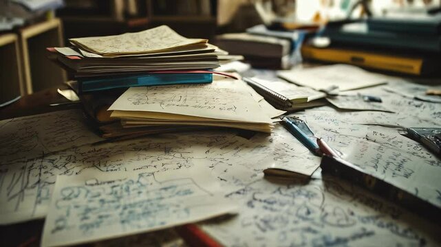 The Invisible Ink: A student's desk covered in scribbled notes, barely legible but filled with potential knowledge and understanding