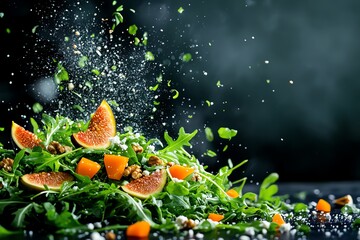 Fig and goat cheese salad with arugula and walnuts, holiday starter, vibrant colors, seasonal ingredients, fresh look