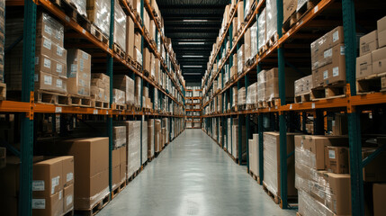 Fototapeta premium Efficient warehouse storage with organized shelves and boxes