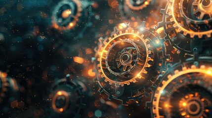 Abstract tech gears spinning in a digital universe