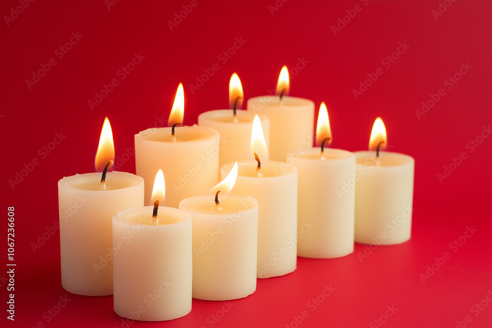 Canvas Prints Burning glowing Christmas festive candles decorated on red background.