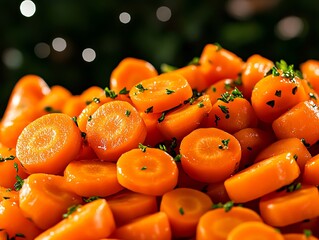 Glazed carrots in honey butter, sprinkled with herbs, vibrant Thanksgiving side, cozy autumn colors, closeup