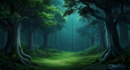 Obraz premium Dark forest background with lush trees for a mystical feeling