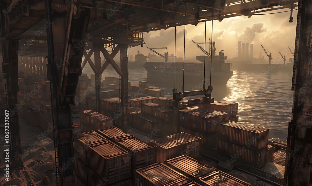 Poster a bustling port at sunset with stacked crates, ships in the distance, and industrial structures crea