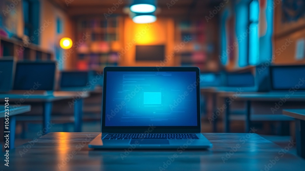 Aufkleber a focused laptop illuminates a dimly lit room, surrounded by empty desks, creating a serene yet tech