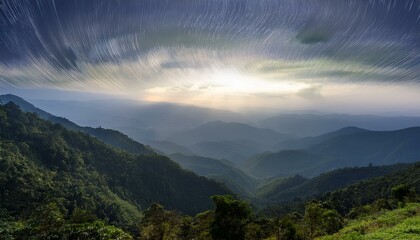 Waves of light in the mountain valley stretch into the sky