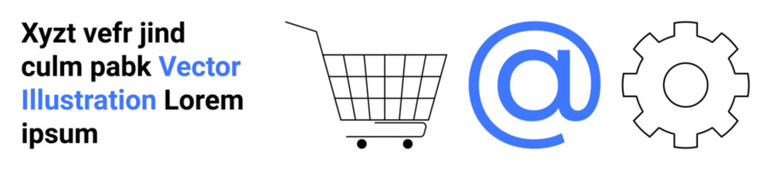 Shopping cart with wheels, email sign, and gearwheel symbol alignment. Ideal for e-commerce themes, technology, online communication, marketing, web development, user experience, and retail. Banner