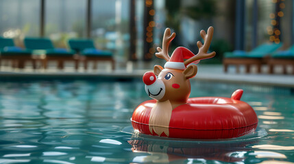 A festive inflatable reindeer pool float floating in a pool with a resort backdrop