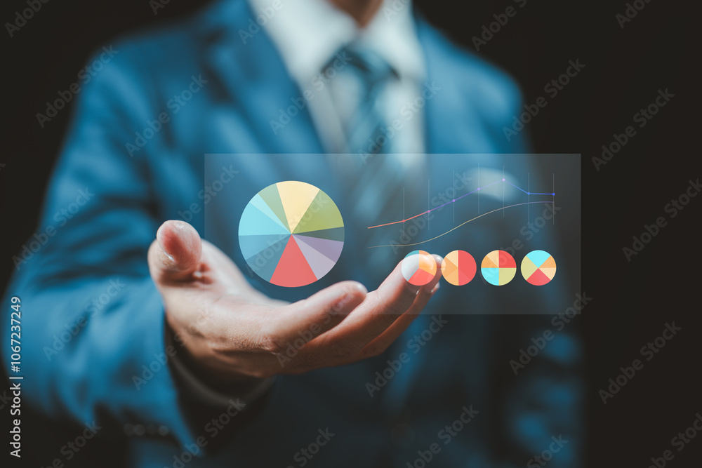 Poster Business Performance Analysis: It emphasizes analyzing business metrics through visual tools like pie charts and line graphs to track progress and identify trends.