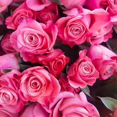 a bunch of pink roses with a green leaf on the top