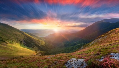 Naklejka premium Waves of light in the mountain valley stretch into the sky