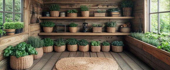 Fototapeta premium Rustic Wooden Porch with Herb Garden and Window View