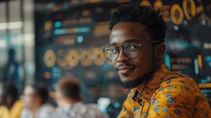 African-American AI product manager in modern office with futuristic digital background