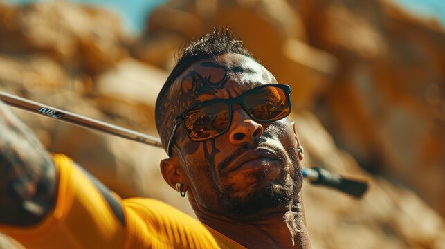 Para-athlete throwing a javelin, with concentration and action