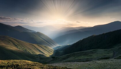Obraz premium Waves of light in the mountain valley stretch into the sky