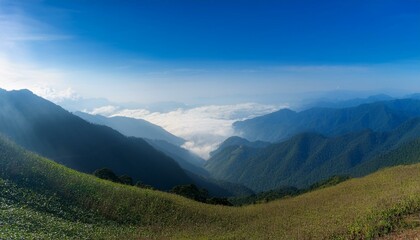 Fototapeta premium Waves of light in the mountain valley stretch into the sky