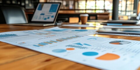 Financial planning meeting with charts and graphs displayed on a table.