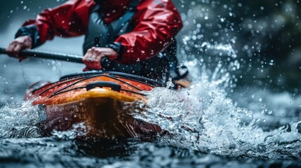 Naklejka premium Para-canoeist paddling, intense focus and water splashing