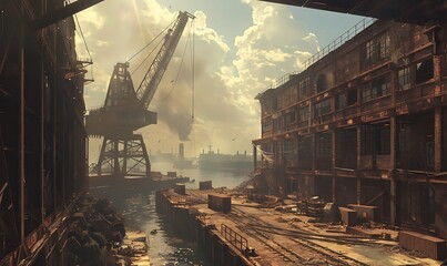 A vibrant industrial scene depicting a crane over a canal, surrounded by warehouses and scattered construction materials under a cloudy sky.