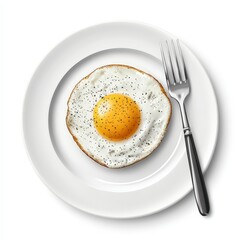 shows a fried egg on a white plate with a fork on the right. The egg has a bright yellow yolk and slightly browned edges, sprinkled with black pepper. Simple, aesthetic, and appetizing presentation.