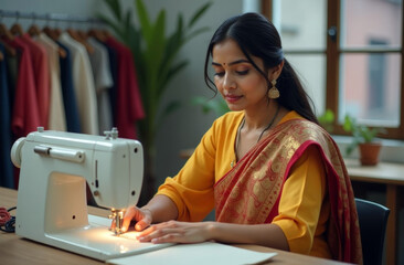 Indian woman seamstress in casual traditional clothes at her workplace in a modern clothing workshop. Small local business concept. Sewing workshop at home. Repair and tailoring of clothes.