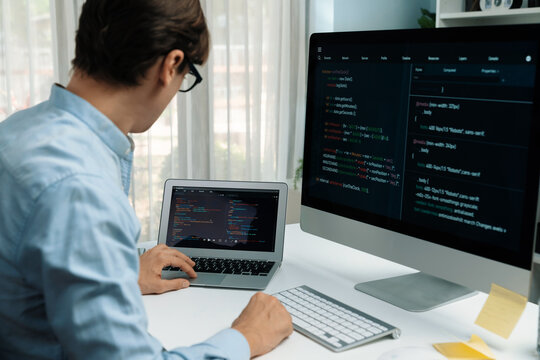 IT developer working online software development information on laptop comparing with pc screen while typing to create new code program on update version application project overall system. Pecuniary.