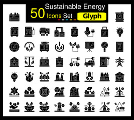 Set of 50 Sustainable Energy icons related to Bio Battery, Biofuel Barrell, Biofuel Can, Biofuel Station Icon collection
