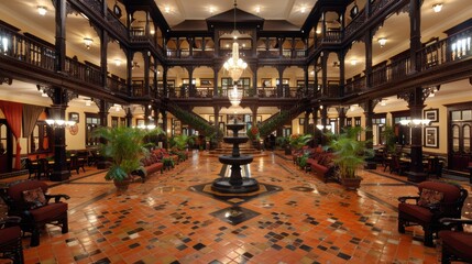 Obraz premium Opulent grand hall with intricate woodwork and elegant chandeliers in an historic architecture masterpiece featuring a central fountain