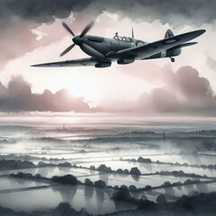 WWII Spitfire Above Misty Countryside